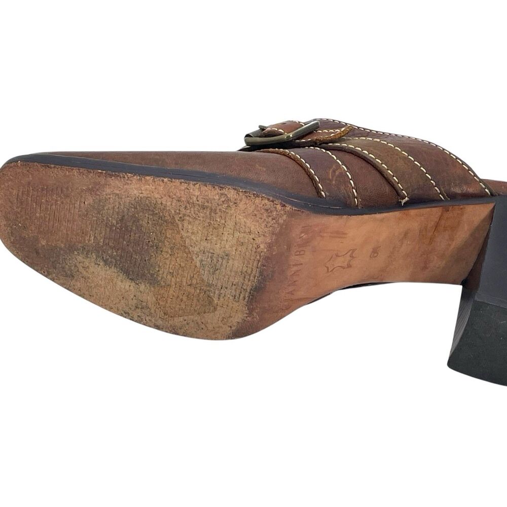 Gianni Bini | Brown Leather Buckle Accent Heeled Mules | Size 6 - Picture 5 of 7